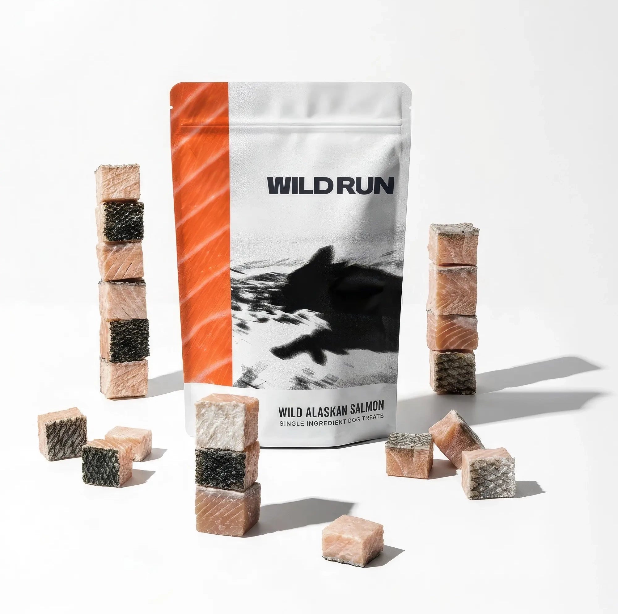 Wild Run Wild Alaskan Salmon pouch with salmon cube stacks