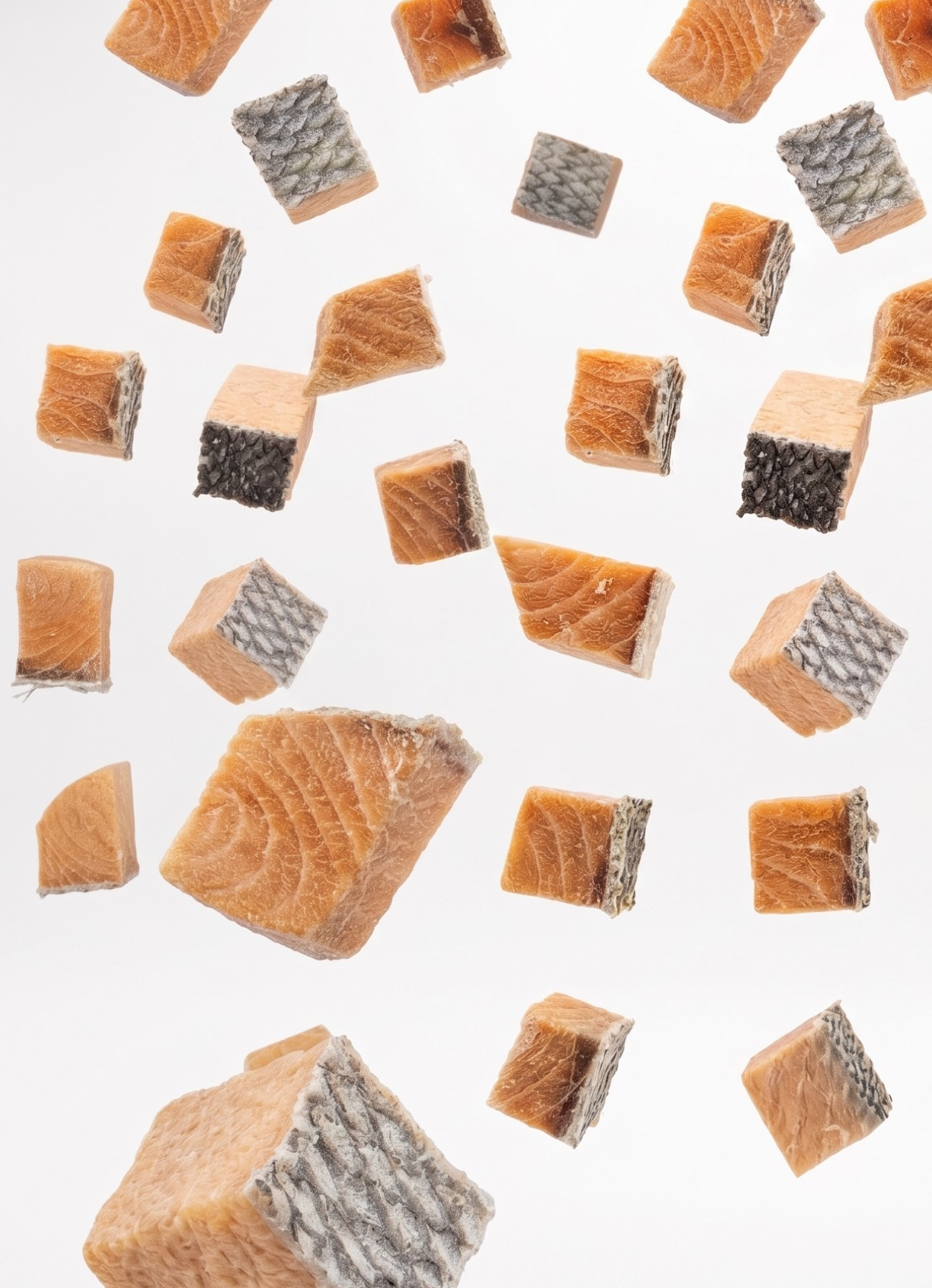 Multiple small cubes of salmon fillet with skin, floating at different heights on a clean white background.