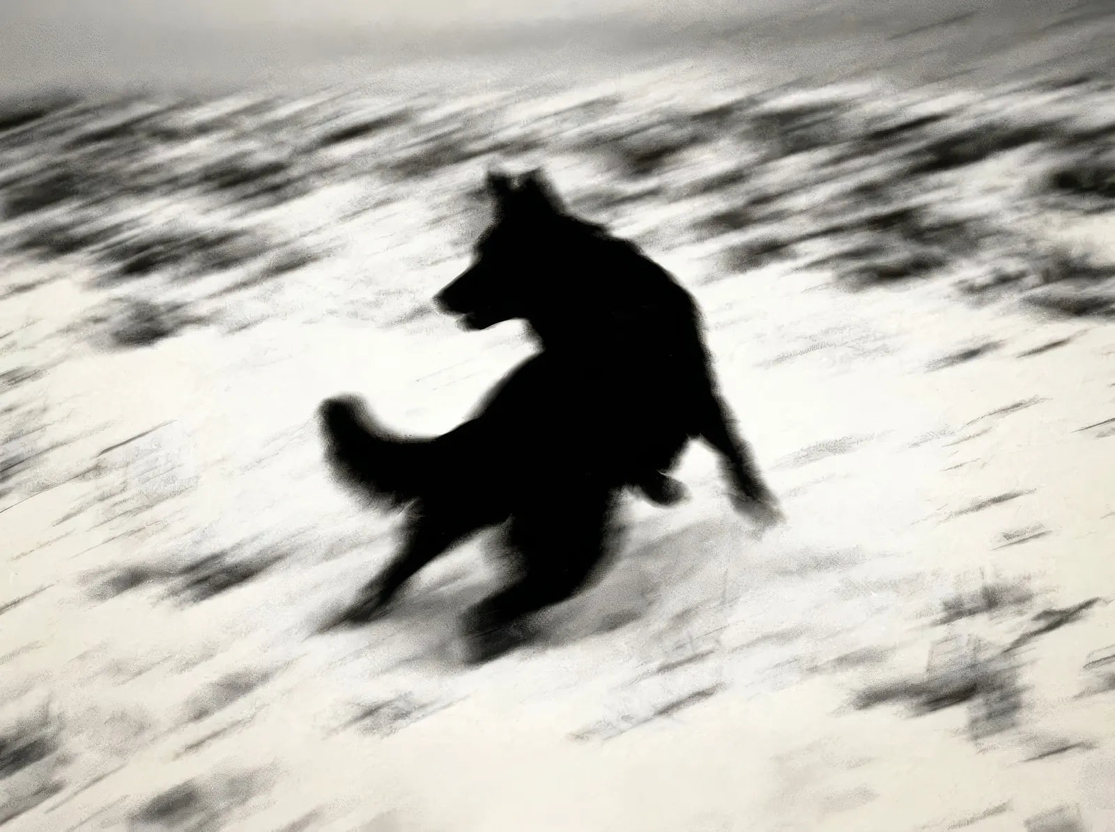 Black dog running through snow